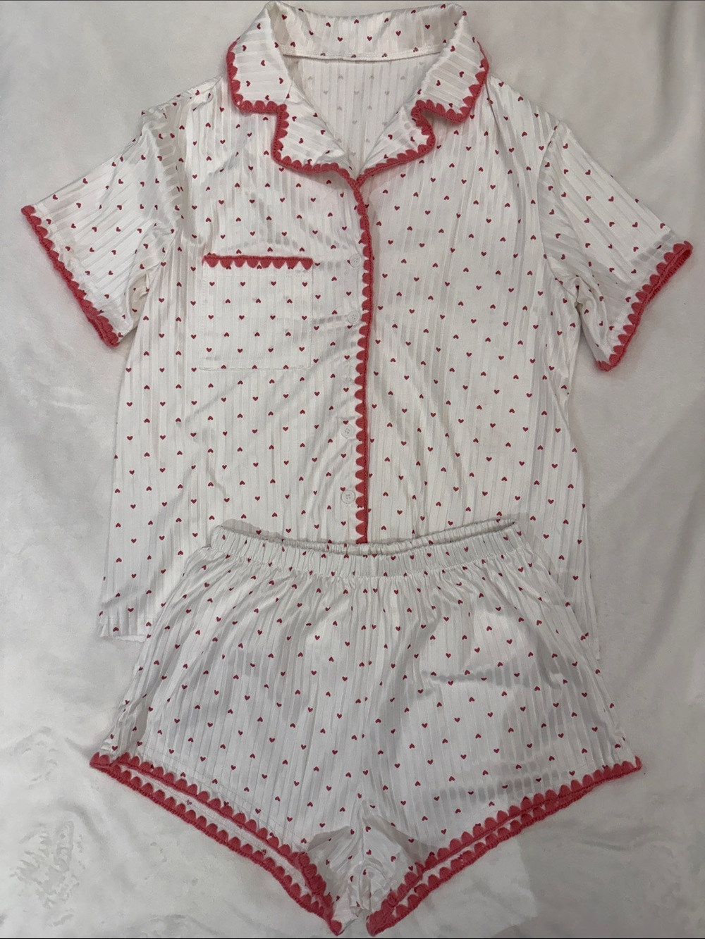 White & Pink Heart Short Pajama Set with pink Trim (fits like xsmall)